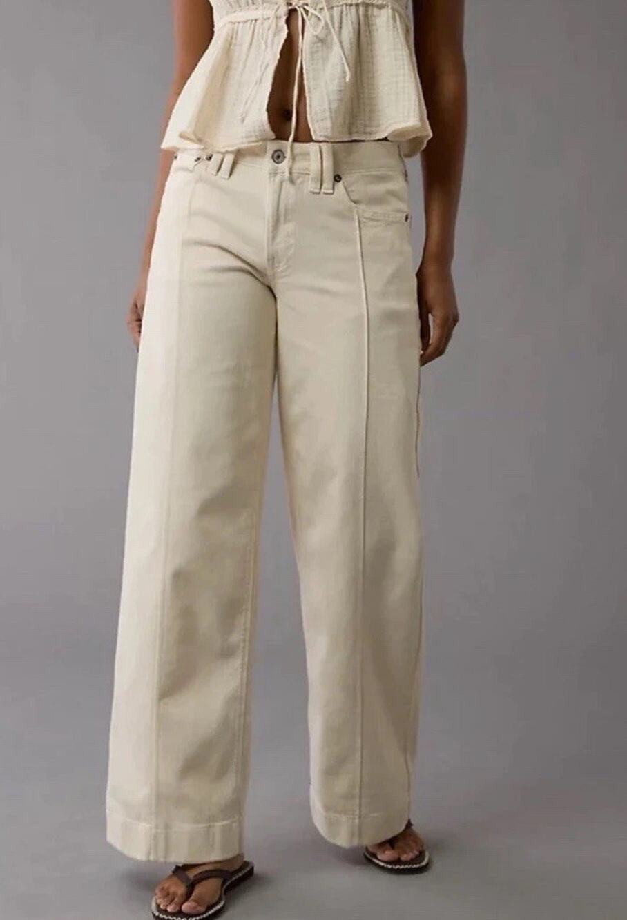 AE Dreamy Drape Strigid Low-Rise Baggy Ultra-Wide Leg Jean, Cream (NEW)